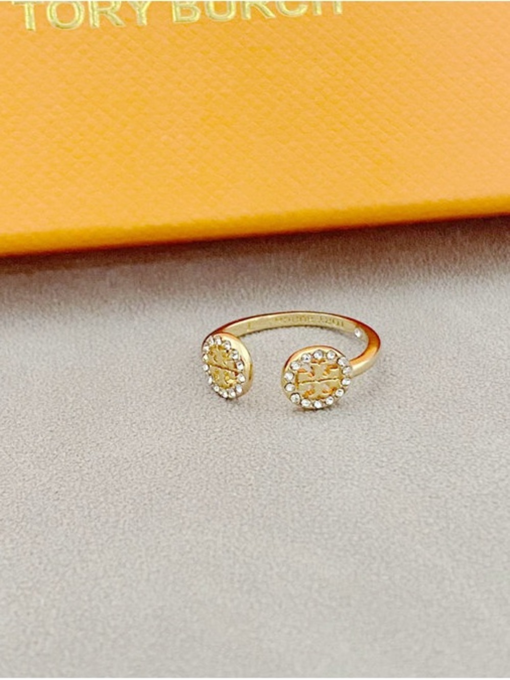 Tory Burch Gold Open Double-Emblem Crystal Ring